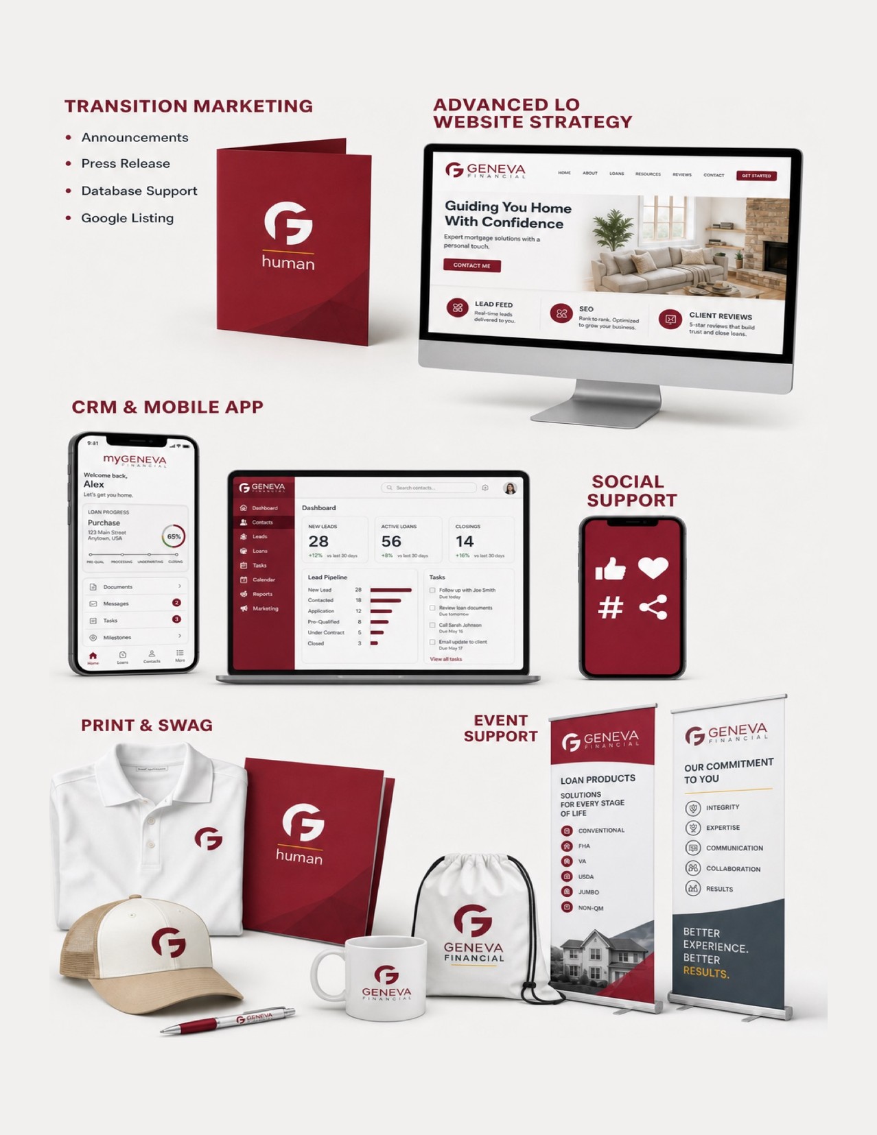 Geneva marketing system including CRM, mobile app, website, social, print, and event support